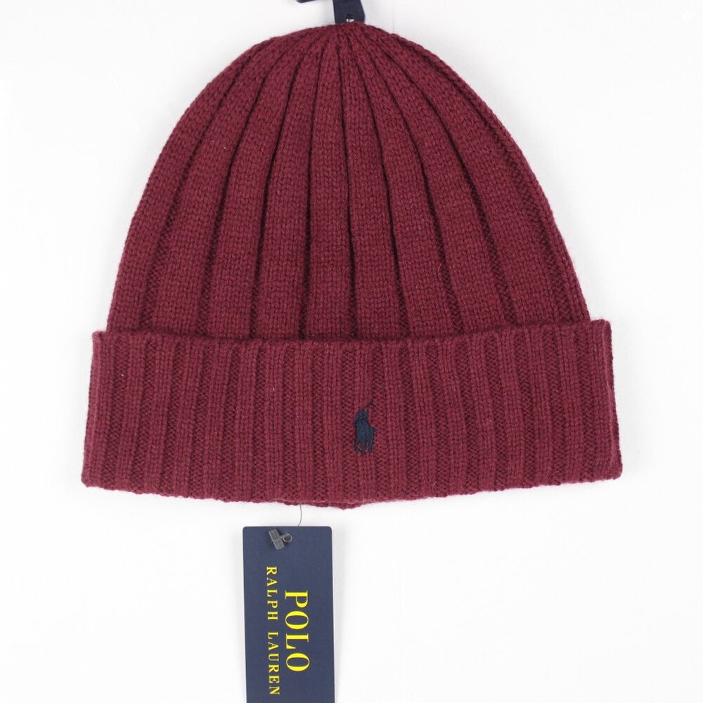 Polo Ralph Lauren Men's Cuffed Beanie Burgundy Navy Blue Pony Wool Blend